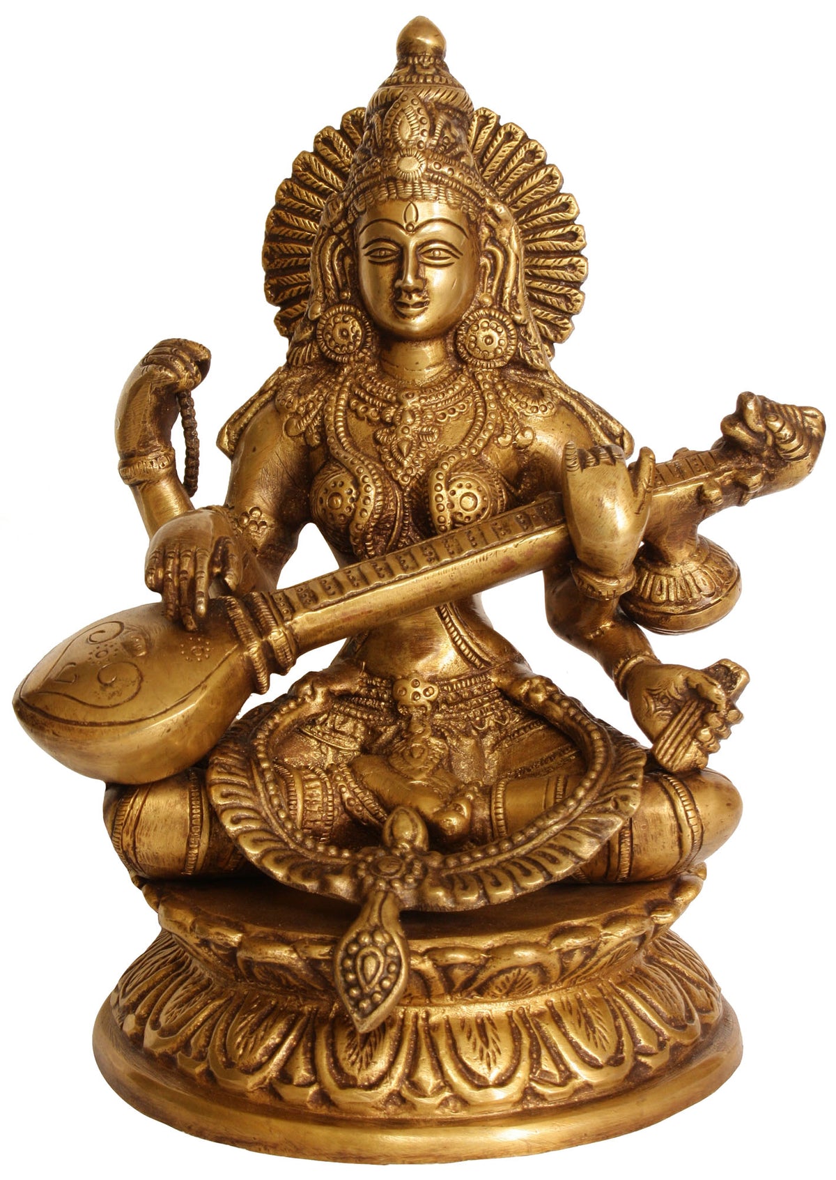 9" Goddess Saraswati Brass Statue | Handmade | Made In India