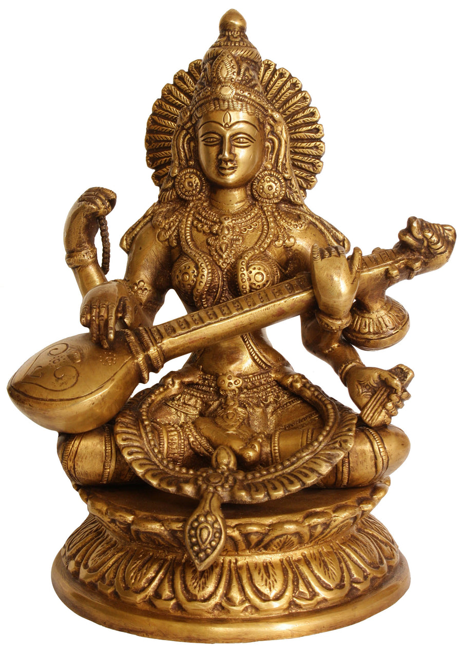 9" Goddess Saraswati Handmade Brass Statue for Pooja