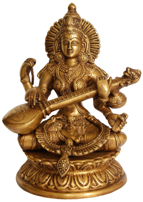9" Goddess Saraswati Brass Statue | Handmade | Made In India