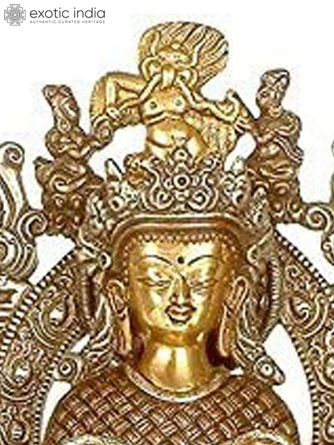 11" Crowned Buddha Seated on Six-Ornament throne of Enlightenment In Brass | Handmade | Made In India