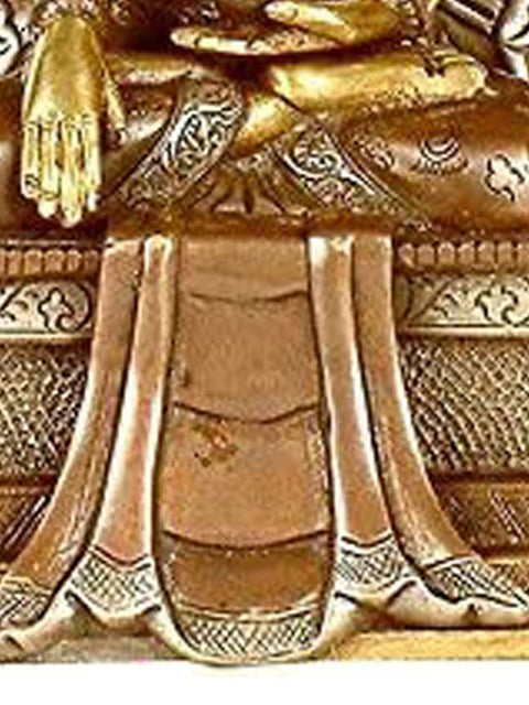 11" Crowned Buddha Seated on Six-Ornament throne of Enlightenment In Brass | Handmade | Made In India
