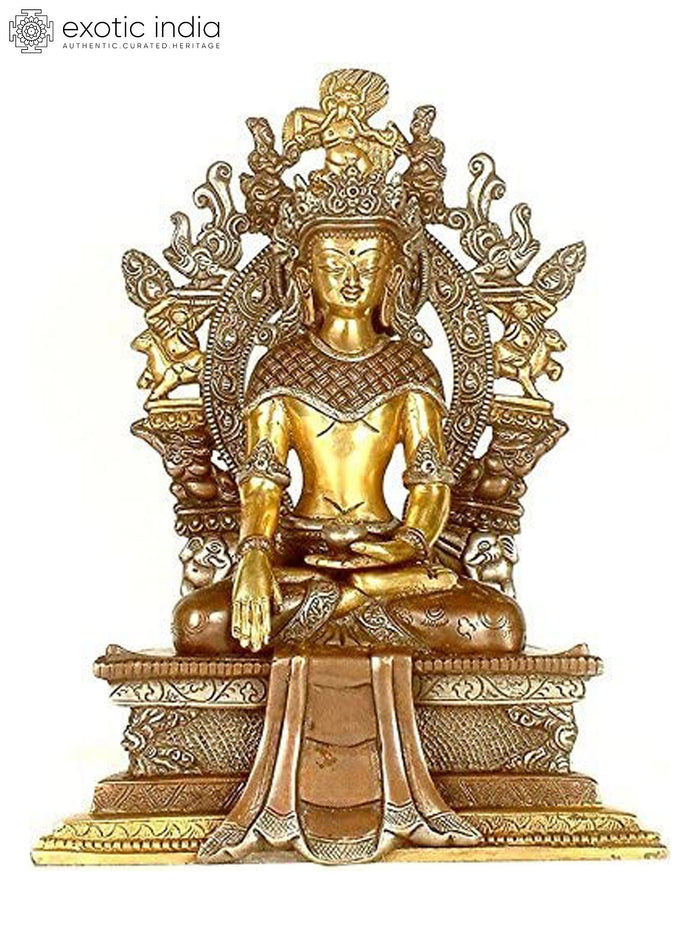 11" Crowned Buddha Brass Statue on Ornamental Throne Handmade