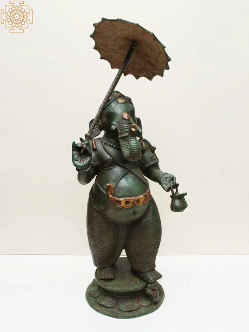 28" Handmade Ganesha With Parasol Brass Statue