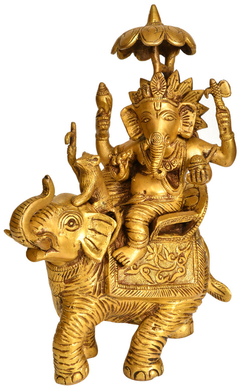 9" Ganesha Idol on an Elephant with His Mouse | Handmade Brass Statue | Made in India