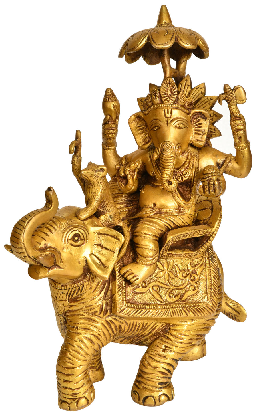 9" Ganesha on Elephant Handmade Brass Idol with Mouse