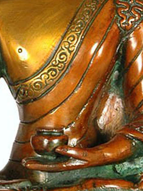 10" Bhumisparsha Buddha with His Robe with Smooth Folds Covering Only One Shoulder In Brass | Handmade | Made In India