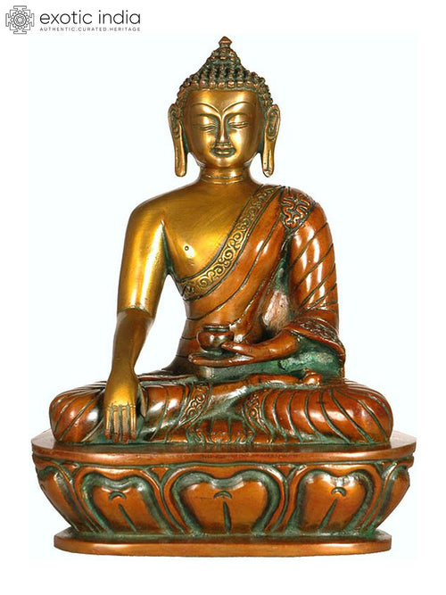 10" Handmade Bhumisparsha Buddha Brass Statue with Draped Robe