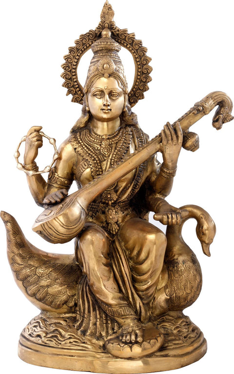 28" Large Size Goddess Saraswati Idol Plays Veena on Her Swan | Handmade Brass Statue | Made in India