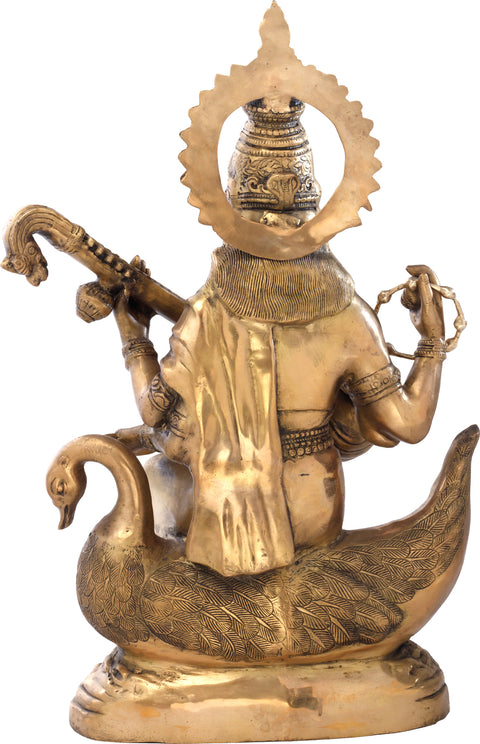 28" Large Size Goddess Saraswati Idol Plays Veena on Her Swan | Handmade Brass Statue | Made in India