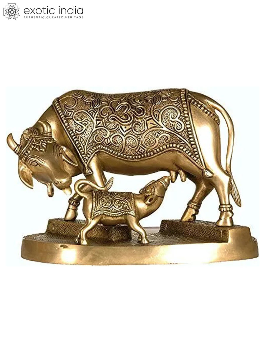 8" Cow with Calf Brass Statue - Sacred Hindu Handmade Idol