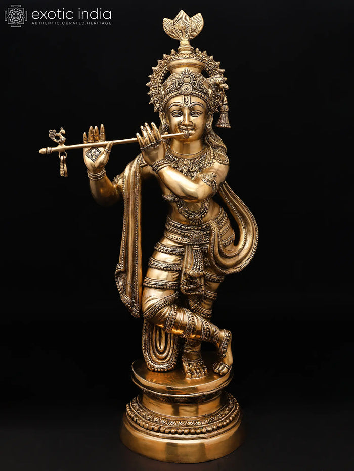 36" Large Krishna Playing Flute Brass Statue for Home Temple