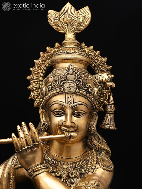 36" Large Krishna Brass Statue Playing Flute | Home Temple Religious Figurine