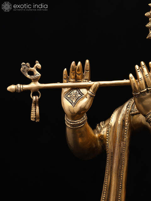 36" Large Krishna Brass Statue Playing Flute | Home Temple Religious Figurine