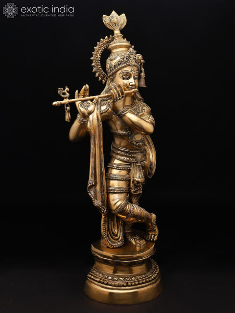 36" Large Krishna Brass Statue Playing Flute | Home Temple Religious Figurine