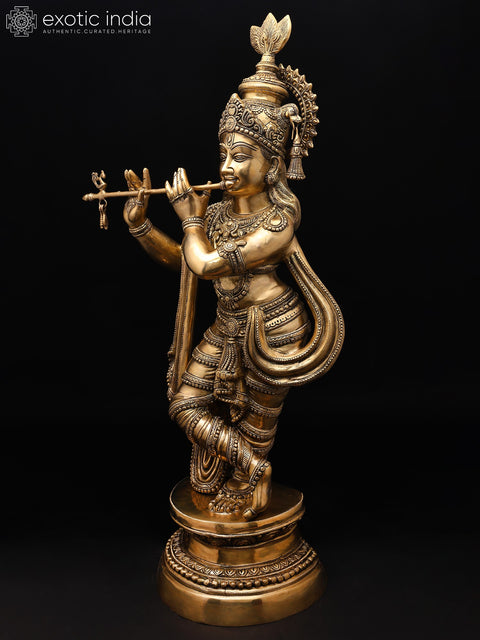 36" Large Krishna Brass Statue Playing Flute | Home Temple Religious Figurine