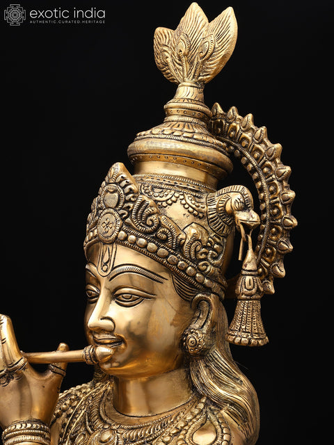 36" Large Krishna Brass Statue Playing Flute | Home Temple Religious Figurine