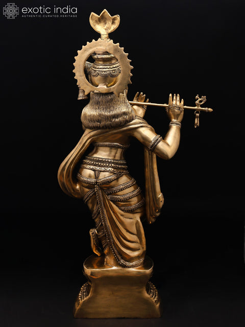 36" Large Krishna Brass Statue Playing Flute | Home Temple Religious Figurine