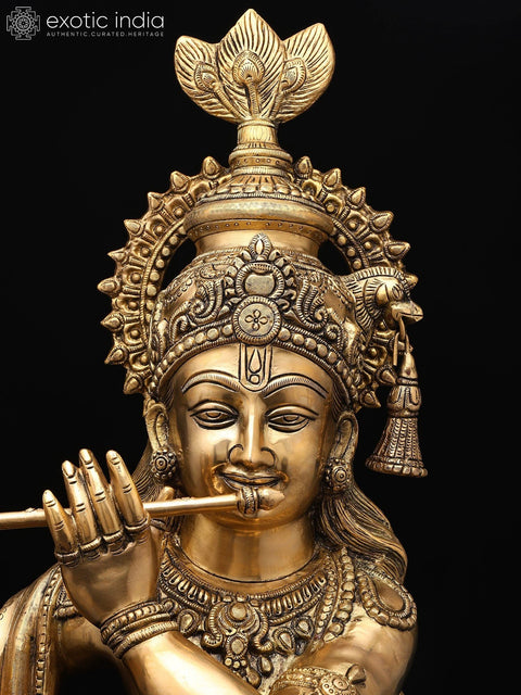 36" Large Krishna Brass Statue Playing Flute | Home Temple Religious Figurine