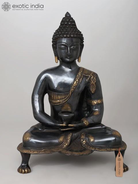 20" Black Buddha in Dhyana Mudra - (Robes Decorated with Scenes from the Life of Buddha) In Brass | Handmade | Made In India