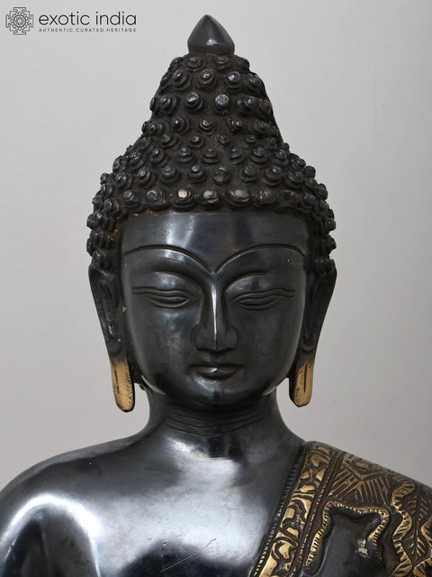 20" Black Buddha in Dhyana Mudra - (Robes Decorated with Scenes from the Life of Buddha) In Brass | Handmade | Made In India