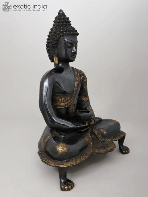 20" Black Buddha in Dhyana Mudra - (Robes Decorated with Scenes from the Life of Buddha) In Brass | Handmade | Made In India