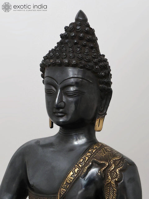 20" Black Buddha in Dhyana Mudra - (Robes Decorated with Scenes from the Life of Buddha) In Brass | Handmade | Made In India
