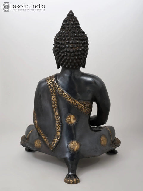 20" Black Buddha in Dhyana Mudra - (Robes Decorated with Scenes from the Life of Buddha) In Brass | Handmade | Made In India