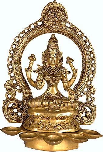 11" Brass Lakshmi Statue with Five Lamps and Kirtimukha Griffin