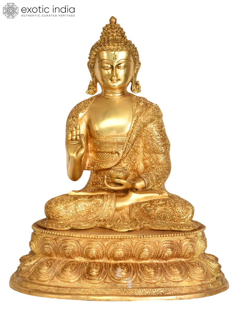 16" Preaching Buddha Seated On Double Lotus Pedestal with Superfine Carved Robe -Tibetan Buddhist In Brass | Handmade | Made In India