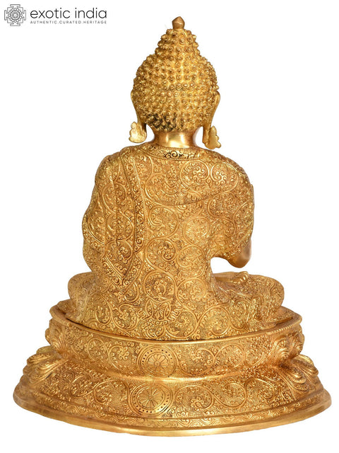 16" Preaching Buddha Seated On Double Lotus Pedestal with Superfine Carved Robe -Tibetan Buddhist In Brass | Handmade | Made In India
