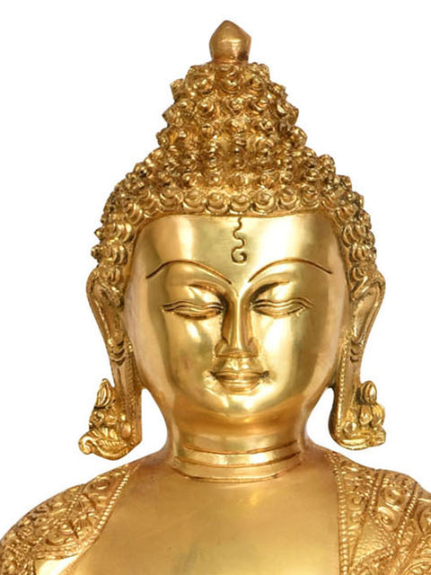 16" Preaching Buddha Seated On Double Lotus Pedestal with Superfine Carved Robe -Tibetan Buddhist In Brass | Handmade | Made In India