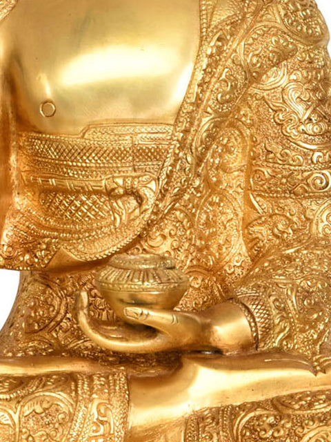 16" Preaching Buddha Seated On Double Lotus Pedestal with Superfine Carved Robe -Tibetan Buddhist In Brass | Handmade | Made In India