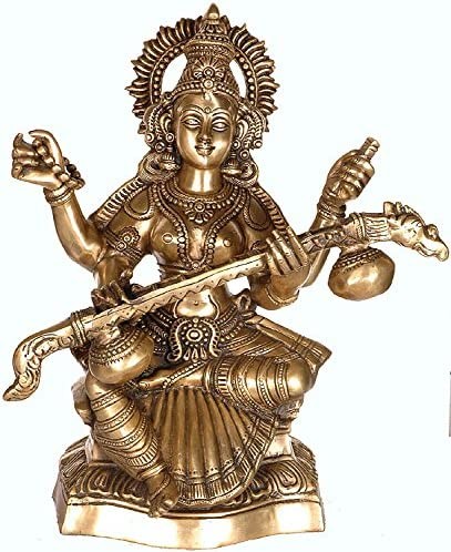 18" Handmade Goddess Saraswati Brass Statue for Home Pooja