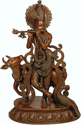 21" Large Size Fluting Krishna with Cow and Peacock In Brass | Handmade | Made In India