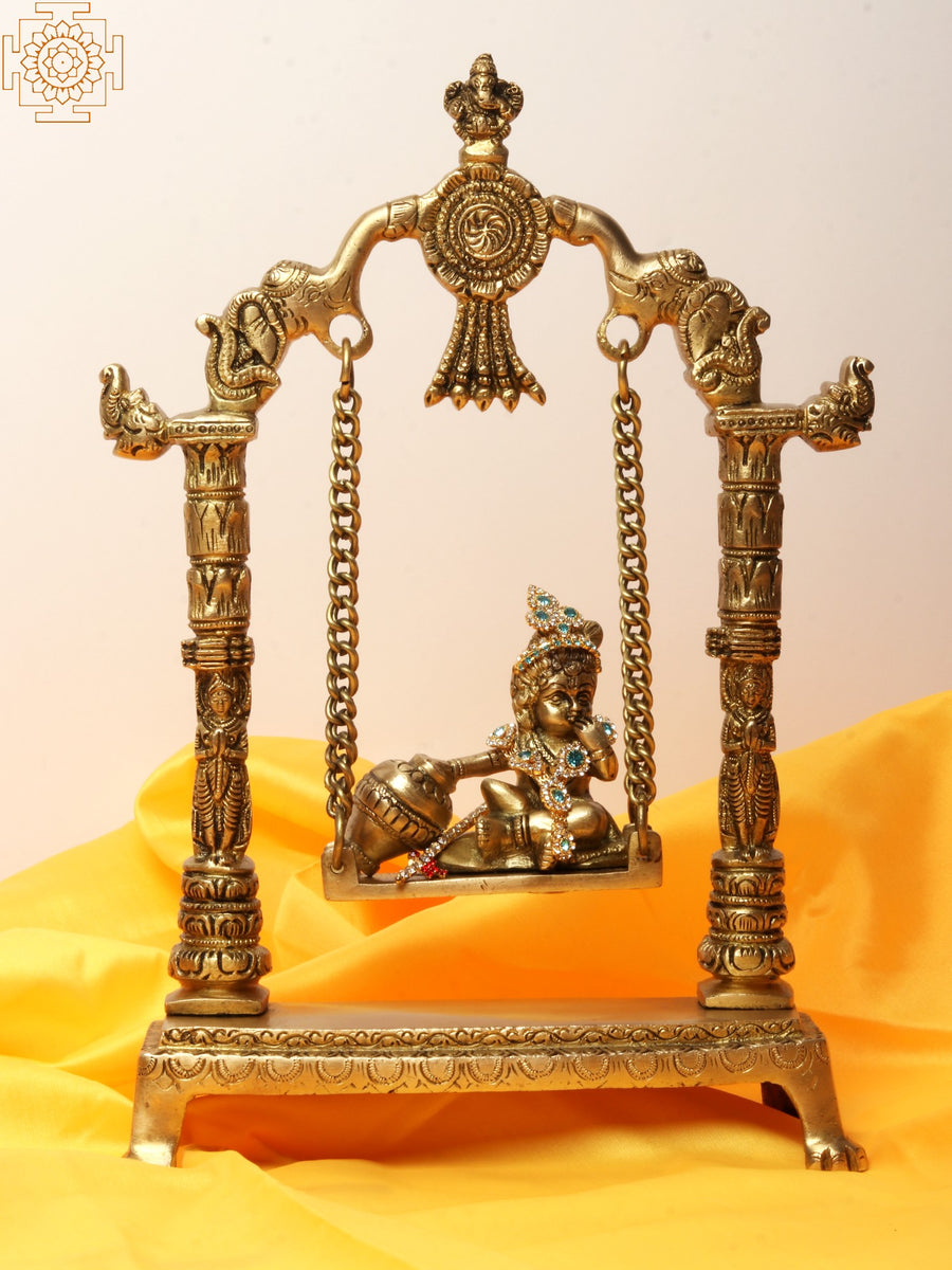 12" Handmade Laddu Gopal Brass Statue on Swing Jhula