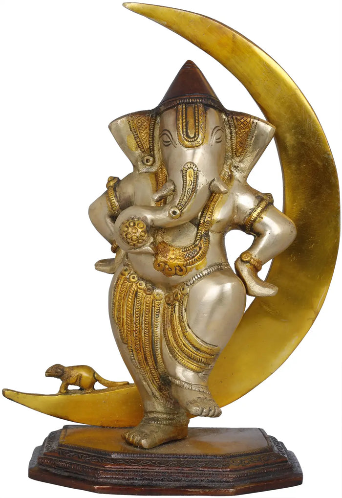 9" Chandra Ganesha Handmade Brass Idol for Pooja