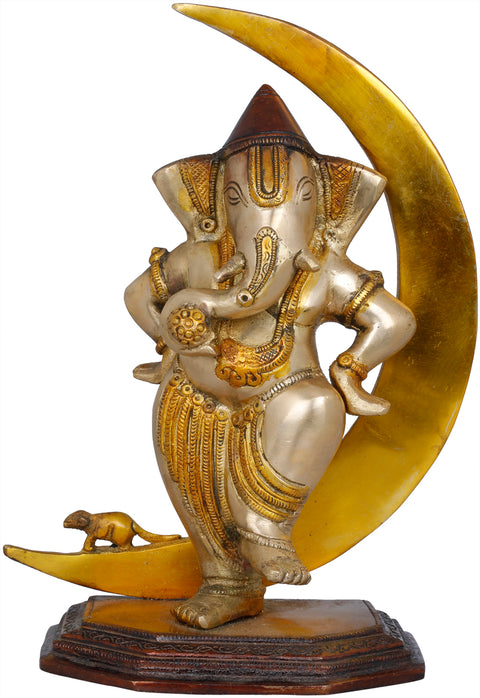 9" Chandra Ganesha Brass Idol | Handmade Religious Figurine