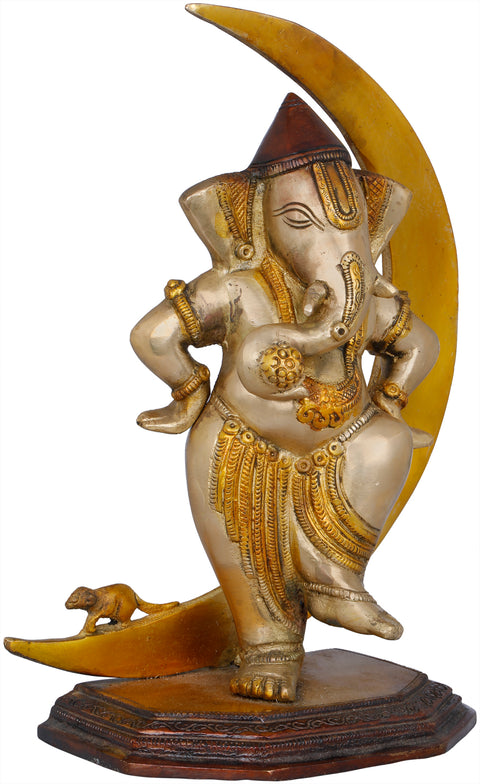 9" Chandra Ganesha Brass Idol | Handmade Religious Figurine