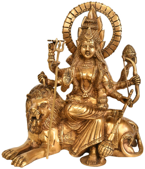 12" Ashtabhuja-Dhari Durga Idol Seated on Lion | Handmade Brass Statue