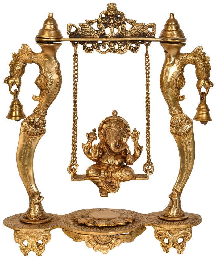 15" Brass Ganesha Swing with Yali Pillars Handmade Idol
