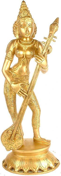 17" Standing Goddess Saraswati Idol Playing Veena | Handmade | Made in India