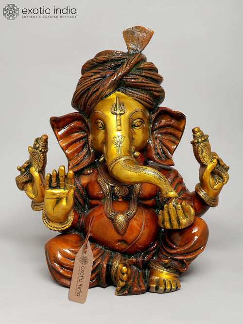 17" Handmade Turbaned Ganesha Brass Statue