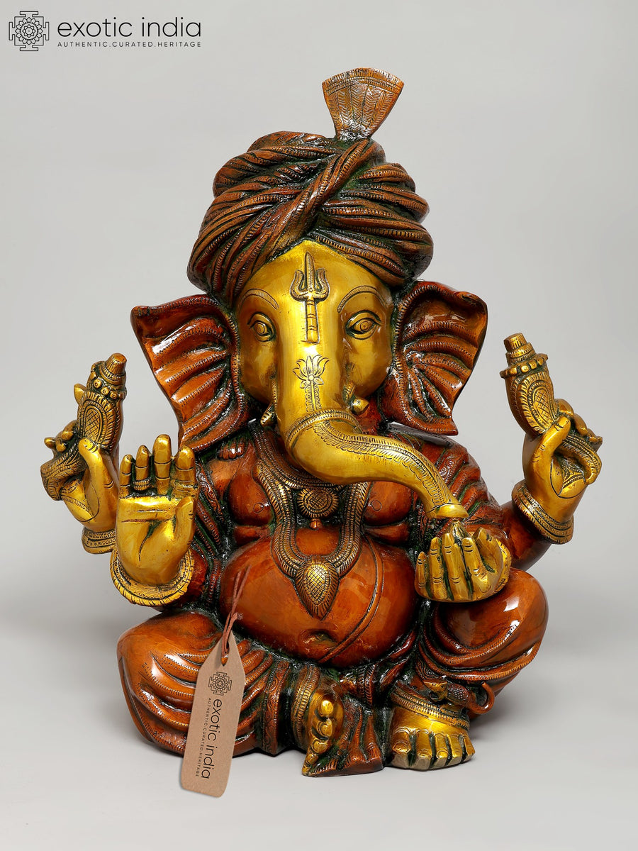 17" Handmade Turbaned Ganesha Brass Statue