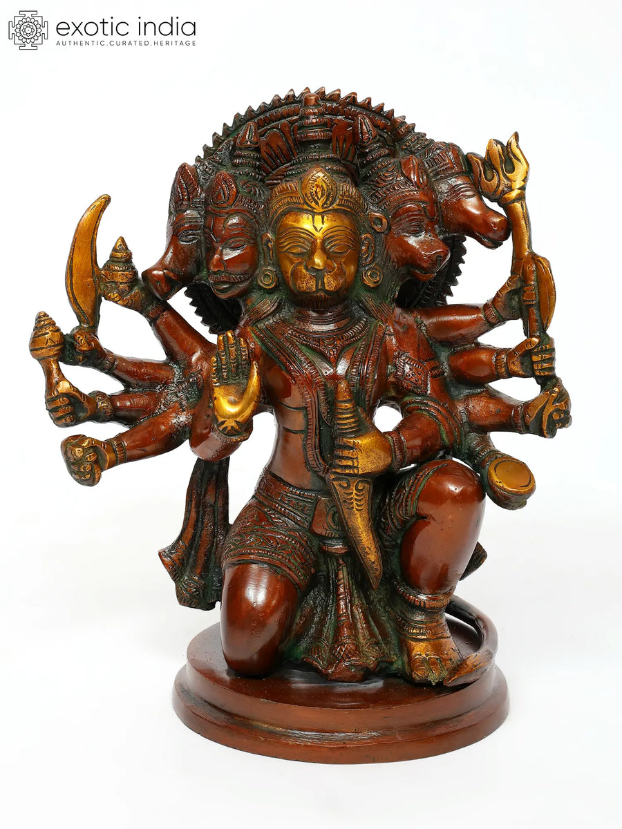 8" Five-Headed Hanuman Brass Idol - Handmade Hindu Deity Sculpture