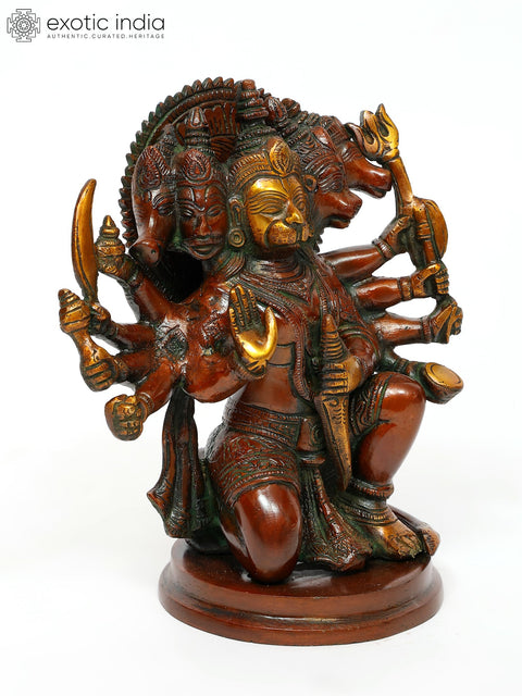 8" Five-Headed Lord Hanuman Brass Sculpture | Handmade Religious Figurine