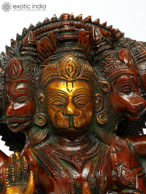 8" Five-Headed Lord Hanuman Brass Sculpture | Handmade Religious Figurine