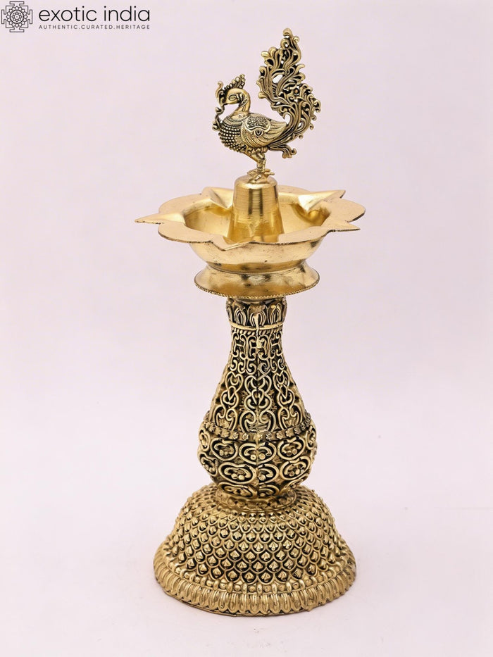 8" Handmade Brass Peacock Lamp with Carved Details