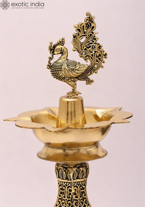 8" Fully Carved Superfine Peacock Lamp in Brass