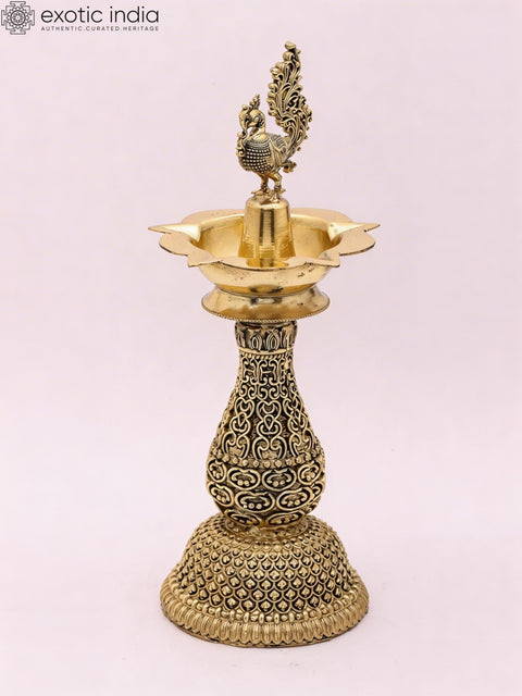 8" Fully Carved Superfine Peacock Lamp in Brass