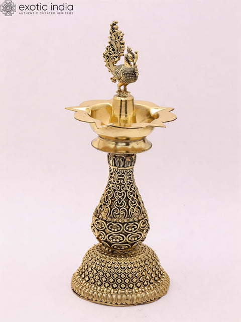 8" Fully Carved Superfine Peacock Lamp in Brass